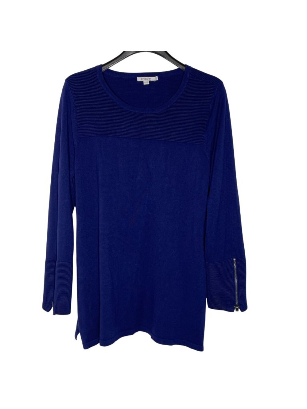 Chico's Zip Sleeve Knit Sweater Navy Blue Sz XL 3 Minimalist Longline Capsule
